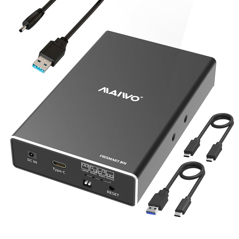 MAIWO حاوية RAID للقرص الصلب MAIWO مزدوجة الفتحة لقرص SSD/HDD SATA بحجم 2.5 بوصة، USB 3.1 GEN 2 بسرعة 10Gbps مع UASP، RAID 0/1/JBOD/PM، سعة 16TB، علبة قارئ القرص الصلب الخارجية من الألمنيوم - Image 1